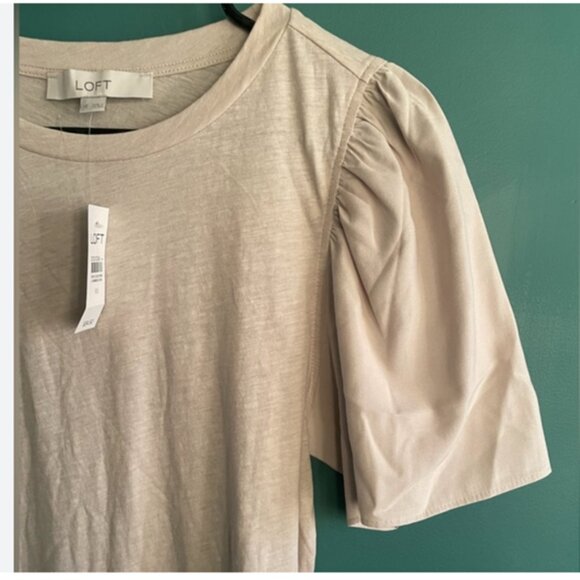 Ann Taylor Loft Mixed Media Flutter Sleeve Top Blouse (Beige) - Picture 2 of 3